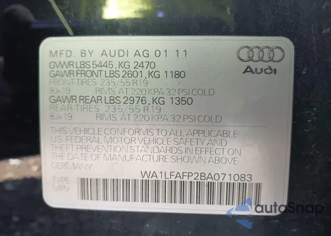 2011 Audi Q5 2.0T Premium z USA, uszkodzony, nr VIN WA1LFAFP2BA071083